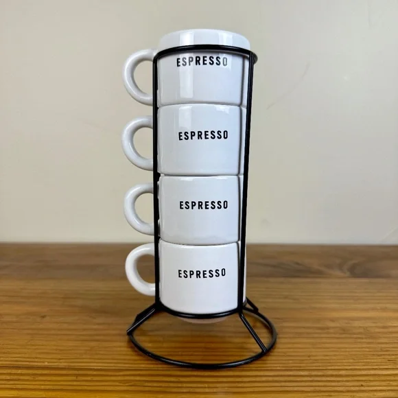 Stacking Espresso Cup Set with Stand | Modern White Ceramic Mugs - Picture 3 of 10